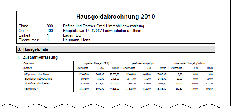 Beispiel: Hausgeldliste komprimiert mit Gruppierung