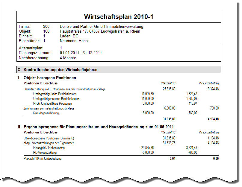 C. Kontrollrechnung des Wirtschaftsjahres