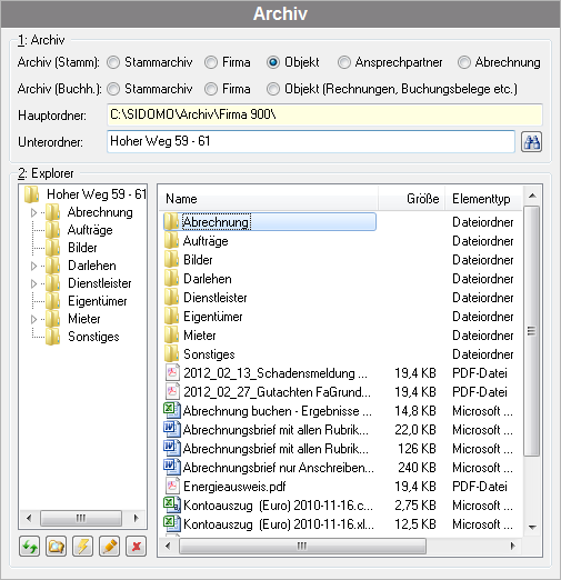 Beispiel: Register "Archiv" im Objektstamm Beispiel: Register "Archiv" im Objektstamm